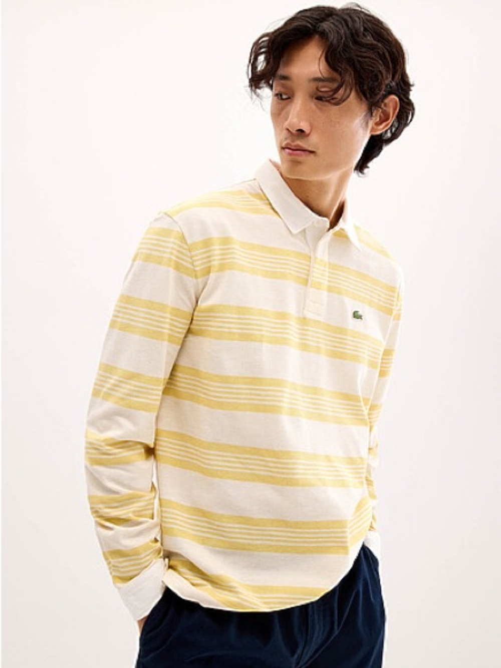 Lacoste Men Yellow and Cream Striped Long-Sleeve Polo